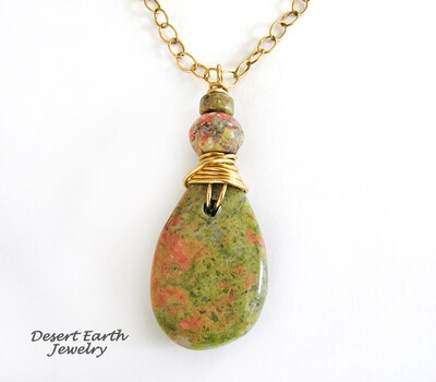 Unakite Stone Necklace on Brass Chain - Pink Green Gemstone Pendant - Handmade Wire Wrapped Stone Jewelry - image4